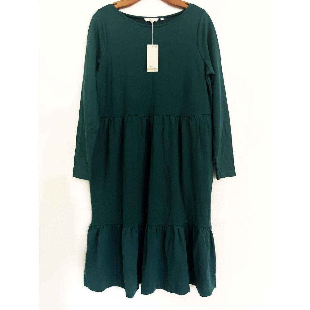 Boden Dress Womens 12 Green Jersey Ruffle Hem Midi Long Sleeve Swing Tiered
